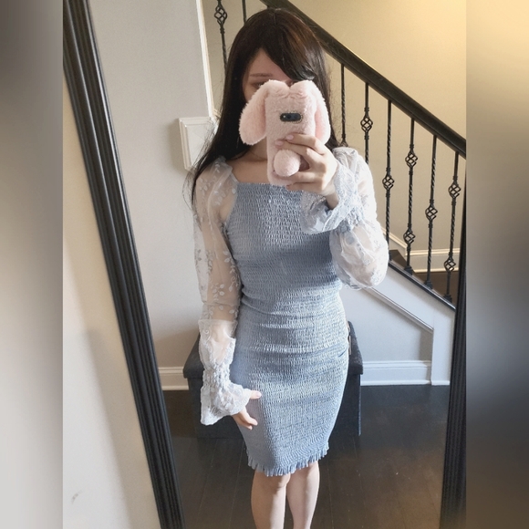 Shein light blue bodycon mesh floral long sleeve spandex dress Small - Picture 1 of 12